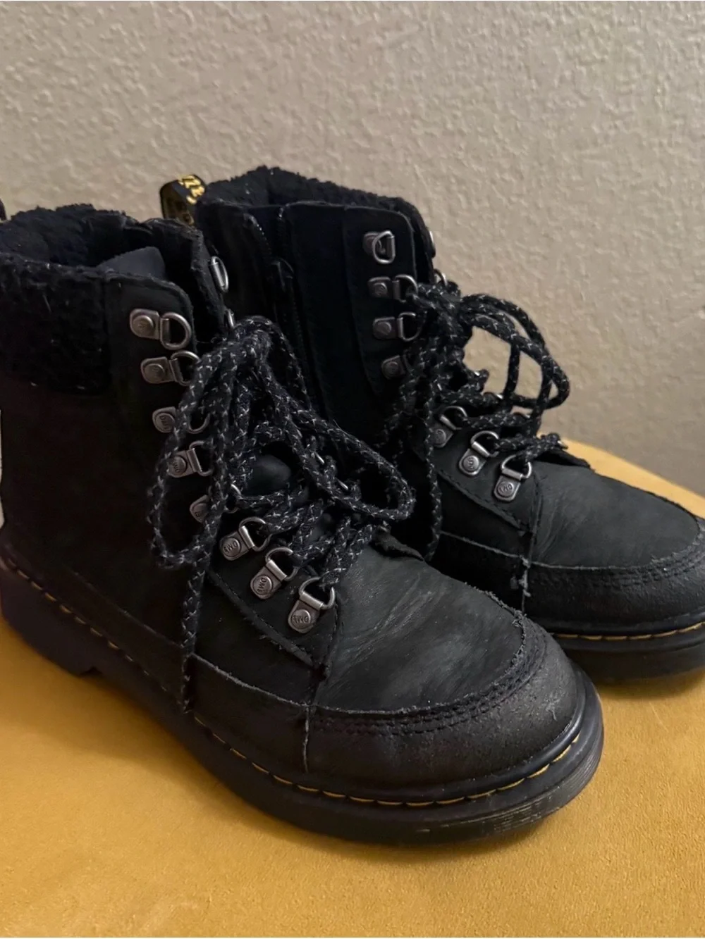 Dr. Martens Kids Black Lace-Up Faux Fur Cuff Ankle Boots